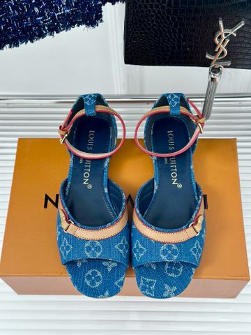 Sandal nữ L*V denim Monogram xanh viền da nâu đẹp VIP 1:1