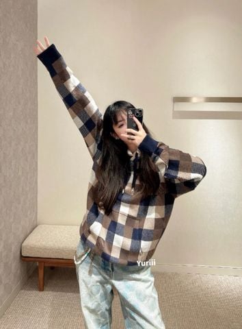 Áo hoodie  L*V nam nữ hoạ tiết caro có mũ chùm đầu