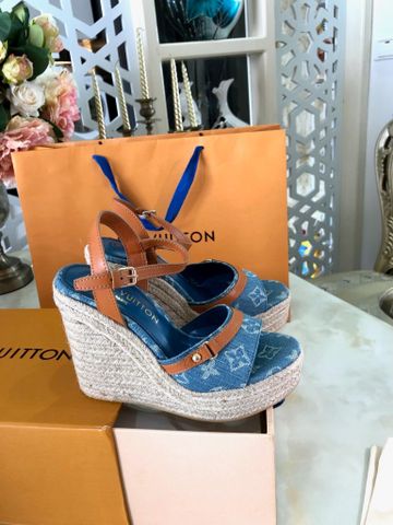 Sandal nữ đế xuồng cói L*V cao 7cm và 13cm denim hoạ tiết Monogram xanh đẹp VIP 1:1