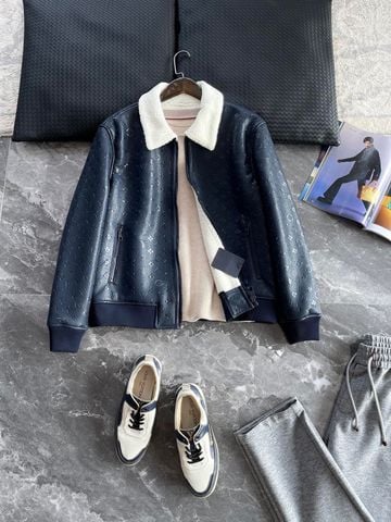Áo khoác da nam L*V in nổi hoạ tiết Monogram lót lông cừu cực đẹp cao cấp