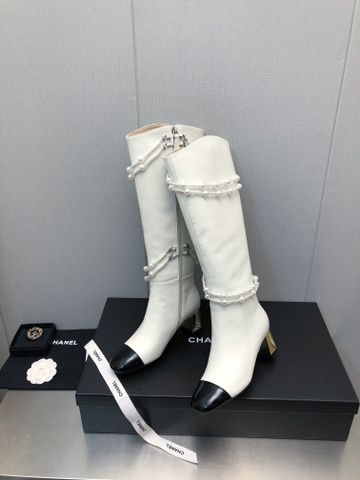 Boot chanel* cổ cao gần gối đai dây ngọc gót vuông 6,5cm