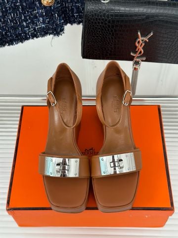 Sandal nữ đế xuồng Herme*s da bò lỳ  cao 9cm