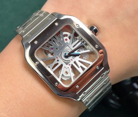 Đồng hồ nam nữ  cartier* dây kim loại lộ cơ mặt vuông case 39,8mm