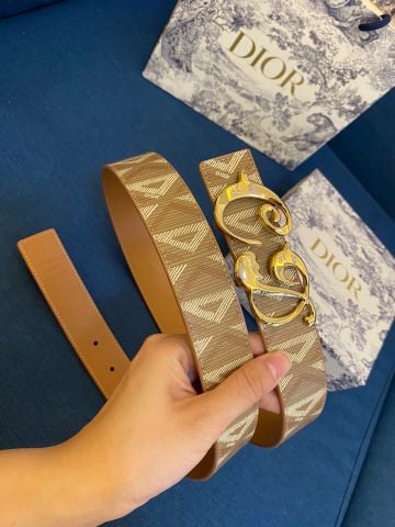 Belt DIOR* nam nữ dây bản 3,5cm hoạ tiết kim cương mặt chữ logo lót da bò