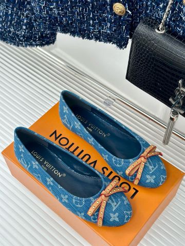 Giày bệt L*V denim Monogram xanh nơ da nâu tán Đinh đẹp VIP 1:1