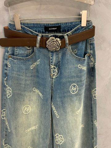 Quần jeans nữ ống suông CHA*NEL* hoạ tiết logo kèm belt mặt hoa trà đẹp độc VIP 1:1