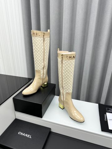 Boot chanel* cổ cao gần gối da bóng phối trám gót tráng vàng cao 6cm đẹp sang VIP 1:1