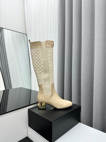 Boot chanel* cổ cao gần gối da bóng phối trám gót tráng vàng cao 6cm đẹp sang VIP 1:1