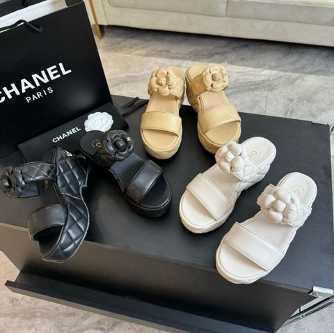 Sandal nữ đế xuồng CHA*NEL* cao 7cm da bò quai hoa trà đế vân hình thoi đẹp sang VIP 1:1