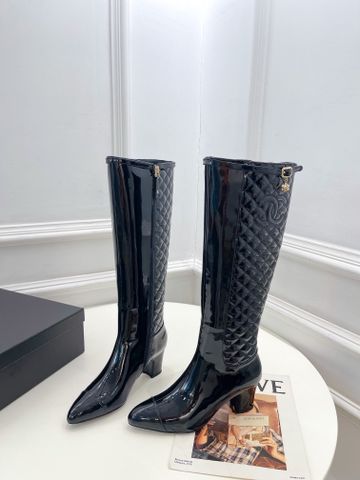 Boot chanel* cổ cao gần gối gót vuông 6,5cm da bò trần vân đẹp sang VIP 1:1