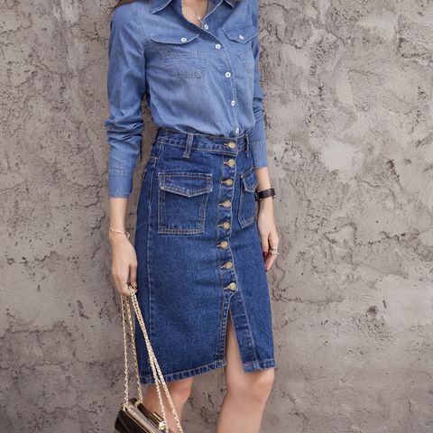 Chân váy jeans khuy đồng kiểu đẹp