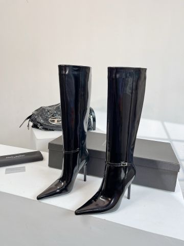 Boot YSL* cổ cao da bóng mũi nhọn