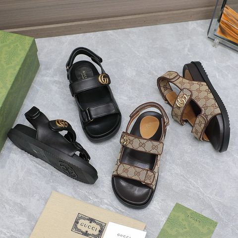 Sandal nữ GUCCI* dáng khoẻ hai màu hoạ tiết logo canvas và da bò đen