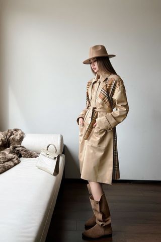 Áo măng tô kaki Burberry* dáng dài phối kẻ đẹp VIP 1:1