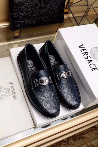 Giày lười versace da dập hoa văn sang chảnh màu đen và xanh đen