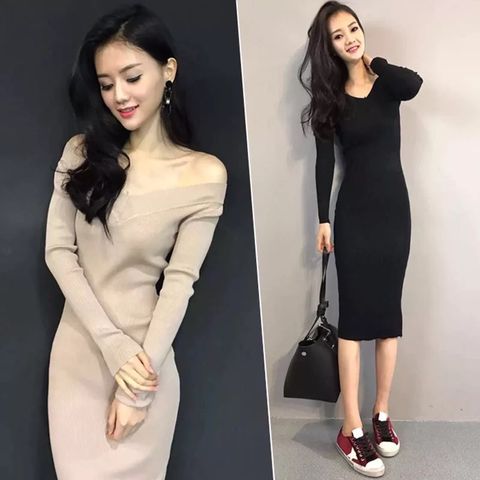 Đầm len body cổ tim