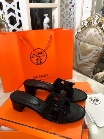 Dép nữ Hermes* da lộn gót vuông cao 5cm đính đá đẹp sang VIP 1:1