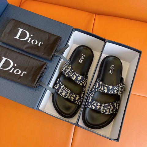 Dép nam DIOR* hai quai ngang hoạ tiết oblique lót da bê SIÊU CẤP