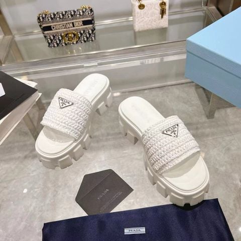 Sandal nữ PRAD* – Dép mule raffia đế lug 5,5 cm
