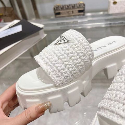 Sandal nữ PRAD* – Dép mule raffia đế lug 5,5 cm
