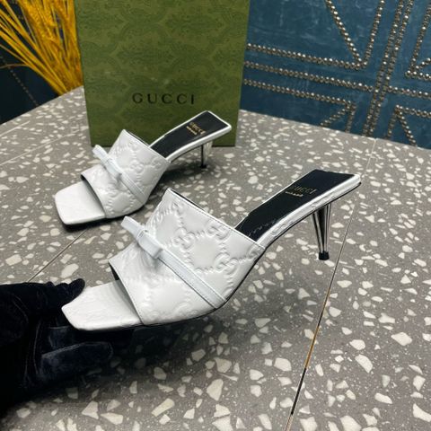 Dép cao gót GUCCI* cao 5,5cm và 7cm da bò dập hoạ tiết logo SIÊU CẤP