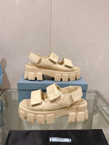 Sandal nữ PRADA* dáng khoẻ đế cao 6cm da bò vân tam giác đẹp độc VIP 1:1