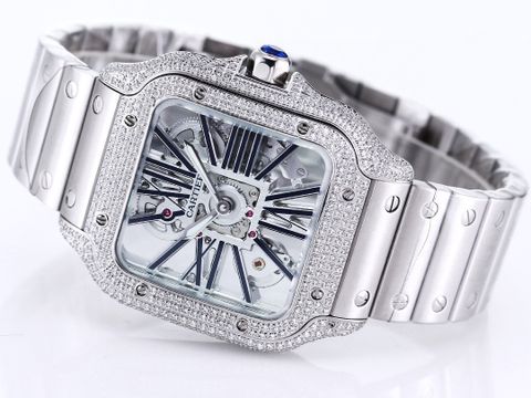 Đồng hồ nam nữ cartier* mặt vuông lộ cơ nạm kim vỏ bạc cực đẹp sang độc đáo đẳng cấp VIP 1:1