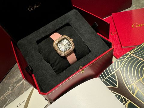 Đồng hồ nữ Cartier* dây da mặt vuông viền kim đẹp sang