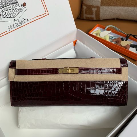 Clutch Hermes* Kelly cá sấu màu rượu chát VIP 1:1