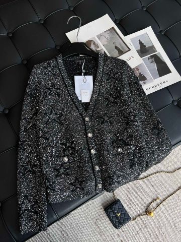 Áo cardigan len nữ CHA*NEL* đen  sequin bạc đẹp sang VIP 1:1