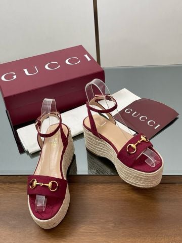 Sandal nữ đế xuồng cói GUCC* cao 8cm hoạ tiết logo canvas đẹp cao cấp