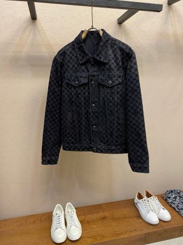 Áo khoác jeans nam L*V hoạ tiết caro đen cao cấp