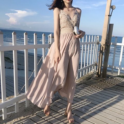 Đầm maxi thân ren tone nude