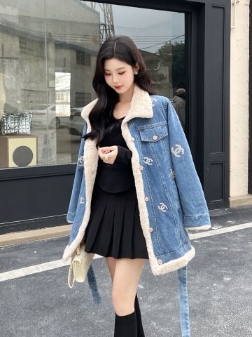 Áo khoác jeans nữ chanel* lót lông ấm dáng dài đai eo