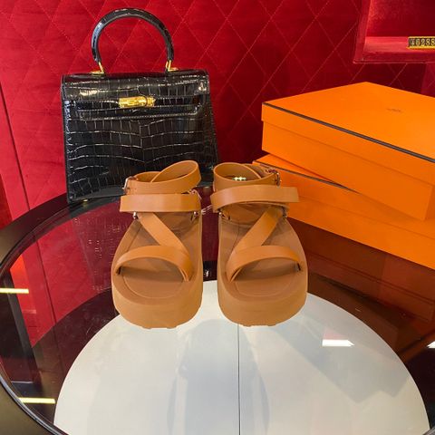 Sandal nữ Hermes* đế bánh mỳ 4cm quai da bò lỳ đẹp VIP 1:1