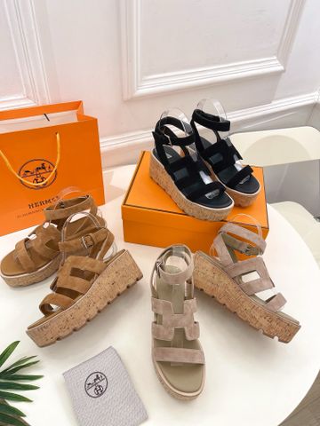 Sandal nữ đế xuồng Hermes* cao 6,5cm quai da lộn đẹp VIP 1:1