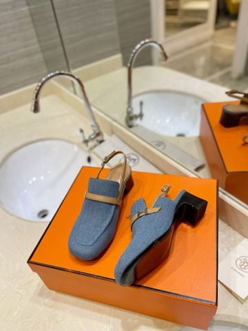 Giày nữ Herme*s gót vuông cao 5cm chất vải lót da bê cao cấp