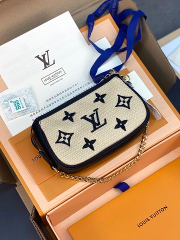 Ví nữ LV* dáng nhỏ kèm xích vàng chất cói thêu hoạ tiết Monogram đẹp SIÊU CẤP