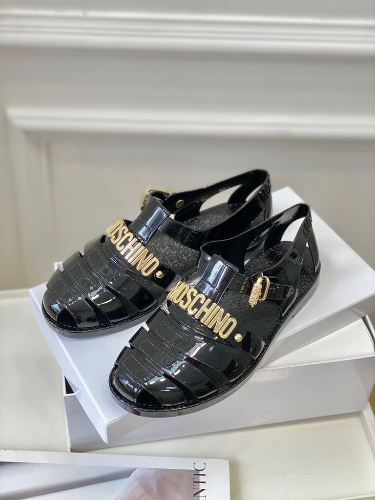 Sandal rọ nam nữ Moschino* nhựa thạch nẹp chữ kim loại vàng đẹp độc ...