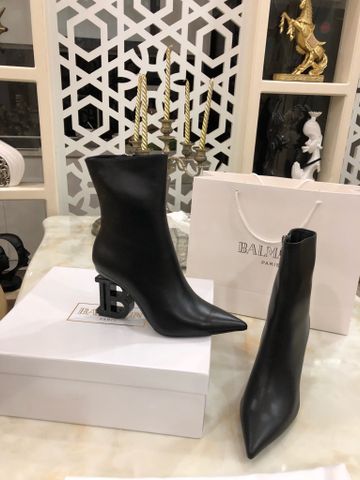 Boot nữ BALMAIN* cổ lỡ da bò lỳ mềm gót logo chữ B đẹp sang chảnh