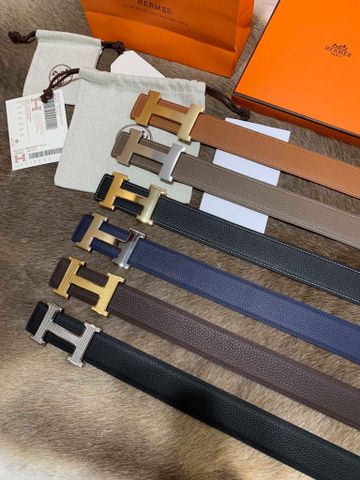 Belt nam Hermes* bản 3,8cm da bò togo khâu chỉ trắng