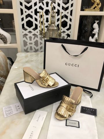 Dép cao gót GUCCI* gót to cao 8cm màu vàng đồng đẹp sang