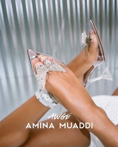 Giày cao gót Amina Muaddi cao 6,5cm loại da lỳ và mika trong mũi nhọn nơ đá đẹp sang SIÊU CẤP