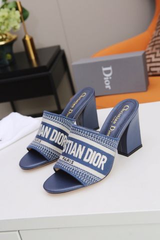 Dép nữ Dior* gót vuông cao 9cm quai vải hoạ tiết chữ