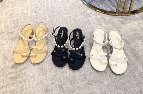 Sandal nữ chanel* sỏ ngón gót vuông 4cm quai da bò dây ngọc đẹp sang SIÊU CẤP