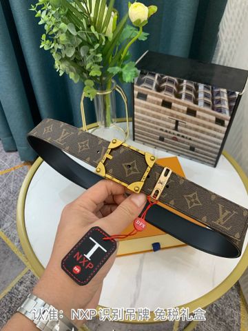 Belt nam LV* bản 3,8cm dây hoạ tiết Monogram nâu và xám