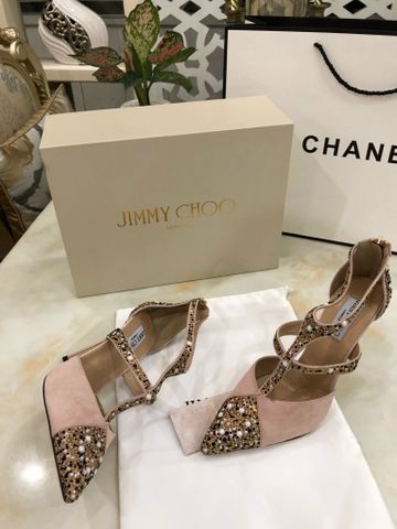 Giày cao gót JIMMY* CHOO* da lộn quai và mũi nạm ngọc và đá