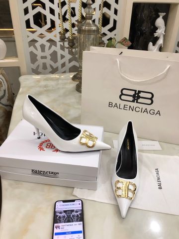 Giày cao gót BALENCIAGA* da bóng mũi nhọn logo vàng dáng đẹp sang cao cấp