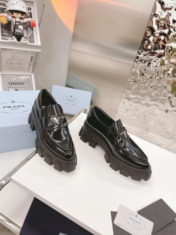 Giày nữ PRADA* da bóng mờ đế cao 6cm dáng khoẻ đẹp kiểu độc SIÊU CẤP mẫu mới