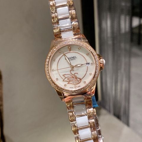 Đồng hồ nữ chanel* máy cơ dây kim loại pha sứ case 36mm đẹp cao cấp